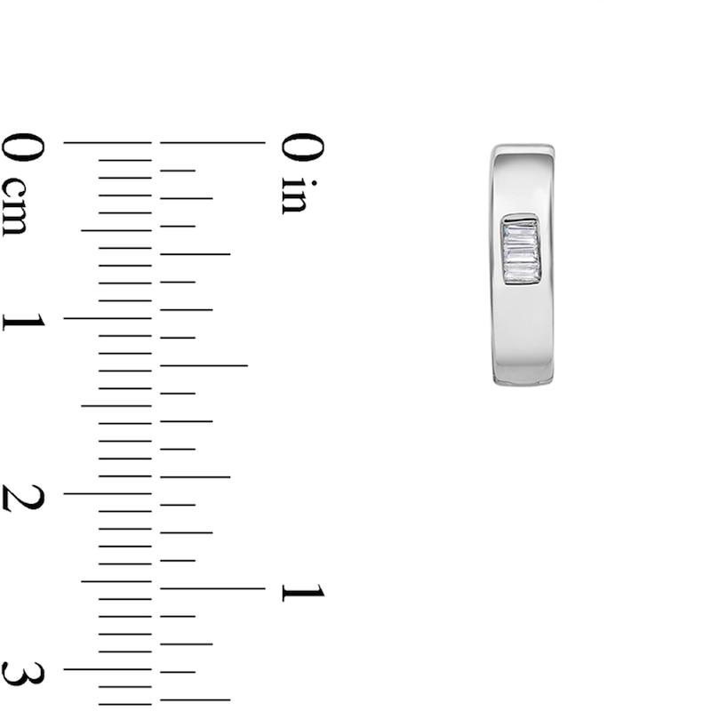 Main Image 4 of 1/10 CT. T.W. Baguette-Cut Diamond Three Stone Huggie Hoop Earrings in 10K White Gold