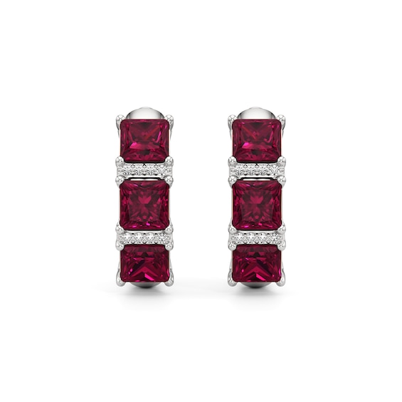 5.0mm Princess-Cut Lab-Created Ruby and White Lab-Created Sapphire Huggie Hoop Earrings in Sterling Silver