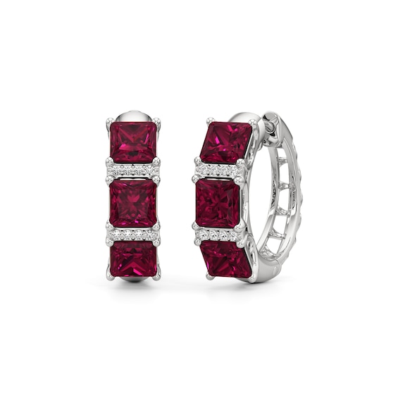 5.0mm Princess-Cut Lab-Created Ruby and White Lab-Created Sapphire Huggie Hoop Earrings in Sterling Silver