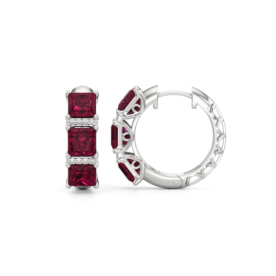 5.0mm Princess-Cut Lab-Created Ruby and White Lab-Created Sapphire Huggie Hoop Earrings in Sterling Silver