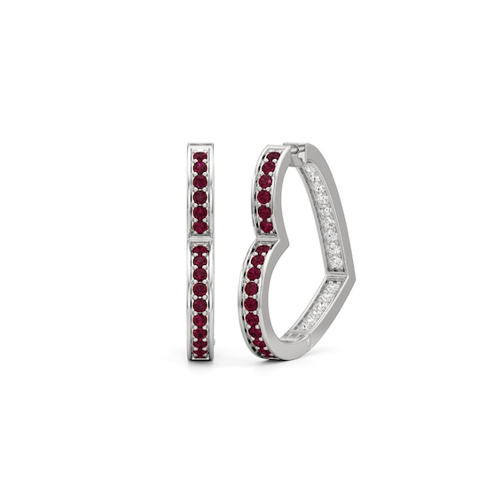 Lab-Created Ruby and White Lab-Created Sapphire Inside-Out Heart-Shaped Hoop Earrings in Sterling Silver