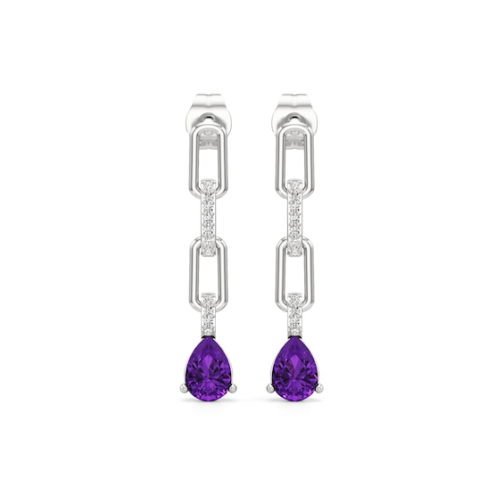 Pear-Shaped Amethyst and White Lab-Created Sapphire Chain Link Drop Earrings in Sterling Silver