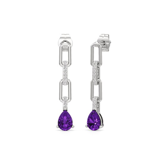 Pear-Shaped Amethyst and White Lab-Created Sapphire Chain Link Drop Earrings in Sterling Silver