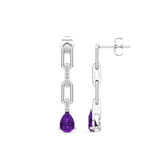 Pear-Shaped Amethyst and White Lab-Created Sapphire Chain Link Drop Earrings in Sterling Silver