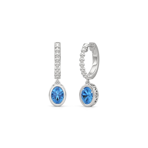 Oval Swiss Blue Topaz Bezel-Set Solitaire Beaded Hoop Drop Earrings in Sterling Silver