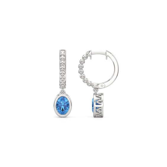 Oval Swiss Blue Topaz Bezel-Set Solitaire Beaded Hoop Drop Earrings in Sterling Silver