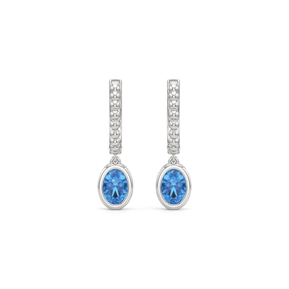 Oval Swiss Blue Topaz Bezel-Set Solitaire Beaded Hoop Drop Earrings in Sterling Silver