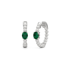 Oval Lab-Created Emerald Solitaire Beaded Hoop Earrings in Sterling Silver