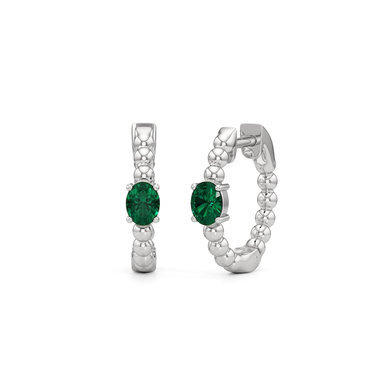 Main Image 1 of Oval Lab-Created Emerald Solitaire Beaded Hoop Earrings in Sterling Silver