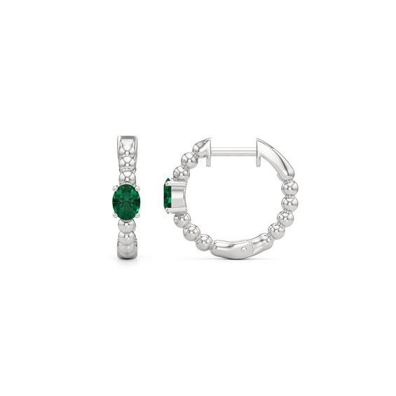 Oval Lab-Created Emerald Solitaire Beaded Hoop Earrings in Sterling Silver