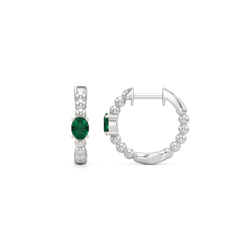 Main Image 2 of Oval Lab-Created Emerald Solitaire Beaded Hoop Earrings in Sterling Silver