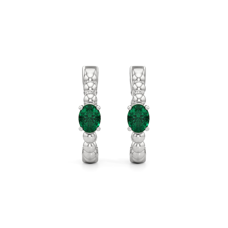 Main Image 3 of Oval Lab-Created Emerald Solitaire Beaded Hoop Earrings in Sterling Silver