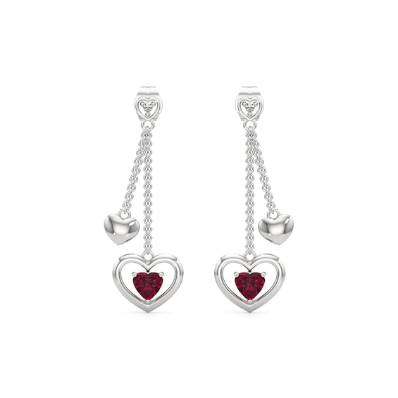 5.0mm Heart-Shaped Lab-Created Ruby and White Lab-Created Sapphire Double Chain Drop Earrings in Sterling Silver