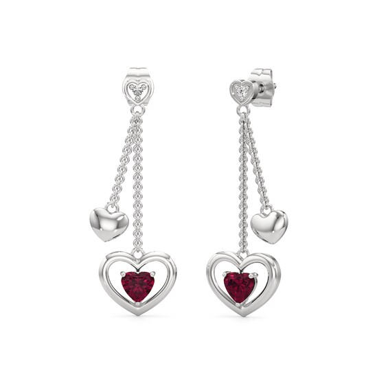 5.0mm Heart-Shaped Lab-Created Ruby and White Lab-Created Sapphire Double Chain Drop Earrings in Sterling Silver