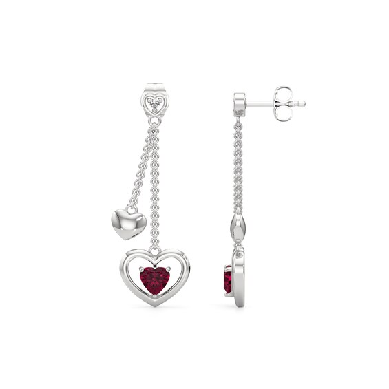 5.0mm Heart-Shaped Lab-Created Ruby and White Lab-Created Sapphire Double Chain Drop Earrings in Sterling Silver