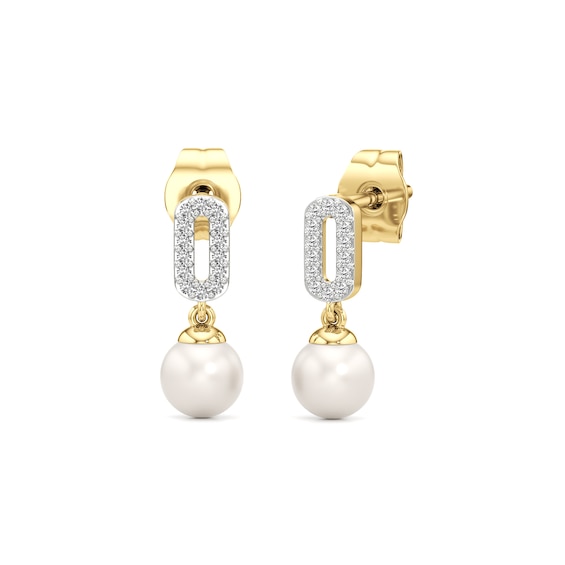 5.0mm Freshwater Cultured Pearl and White Lab-Created Sapphire Drop Earrings in Sterling Silver and 24K Gold Plate