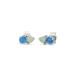 Heart-Shaped Lab-Created Opal and Swiss Blue Topaz Toi et Moi Stud Earrings in Sterling Silver