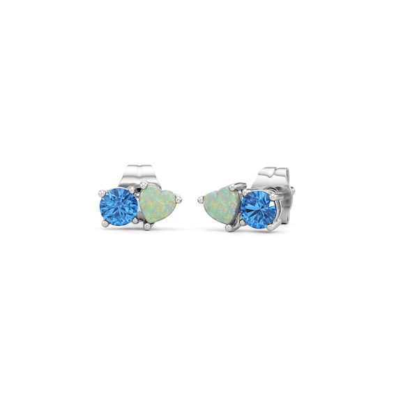 Heart-Shaped Lab-Created Opal and Swiss Blue Topaz Toi et Moi Stud Earrings in Sterling Silver