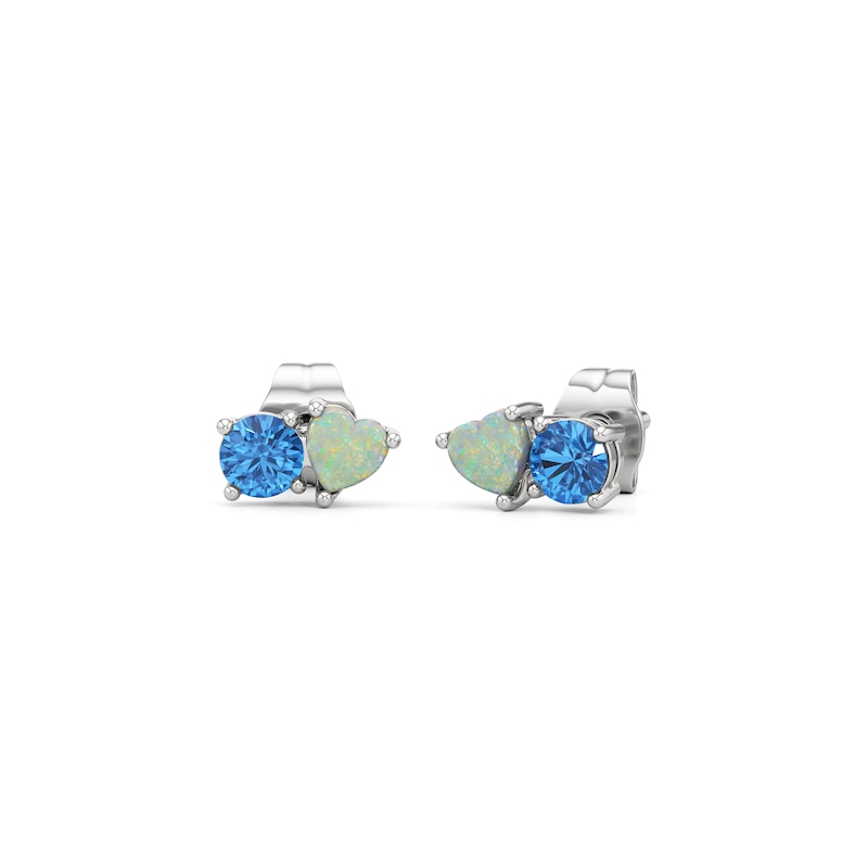 Main Image 1 of Heart-Shaped Lab-Created Opal and Swiss Blue Topaz Toi et Moi Stud Earrings in Sterling Silver