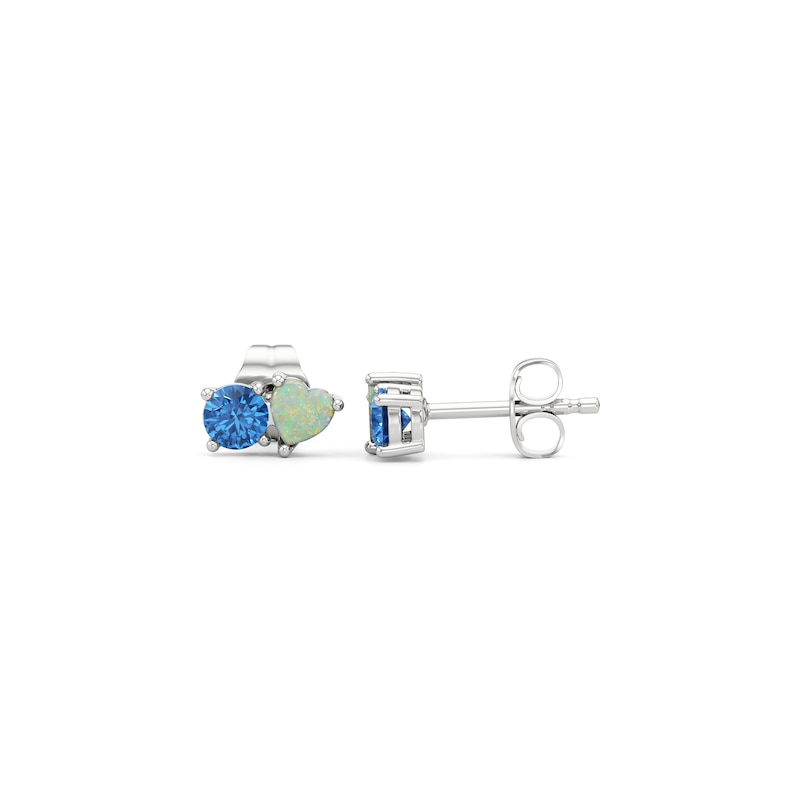Main Image 2 of Heart-Shaped Lab-Created Opal and Swiss Blue Topaz Toi et Moi Stud Earrings in Sterling Silver