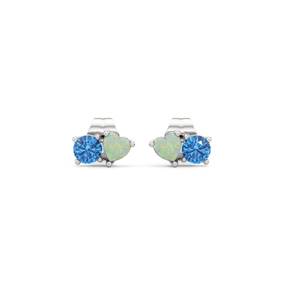 Heart-Shaped Lab-Created Opal and Swiss Blue Topaz Toi et Moi Stud Earrings in Sterling Silver