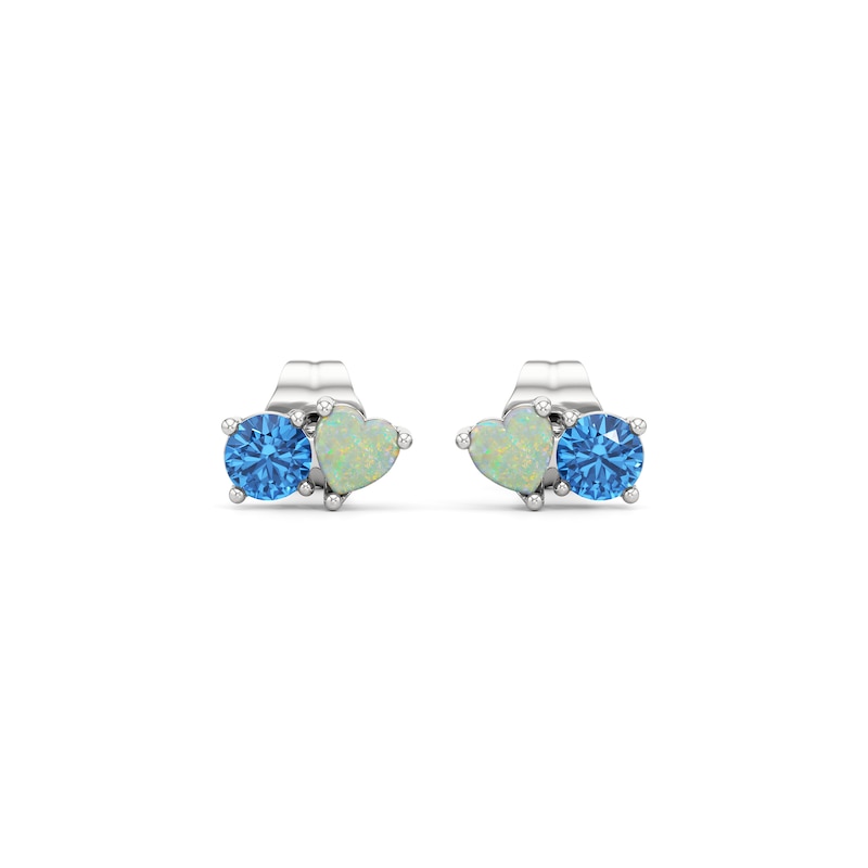 Main Image 3 of Heart-Shaped Lab-Created Opal and Swiss Blue Topaz Toi et Moi Stud Earrings in Sterling Silver