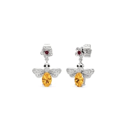 Citrine, Black Spinel, Lab-Created Ruby and White Lab-Created Sapphire Flower and Bee Drop Earrings in Sterling Silver