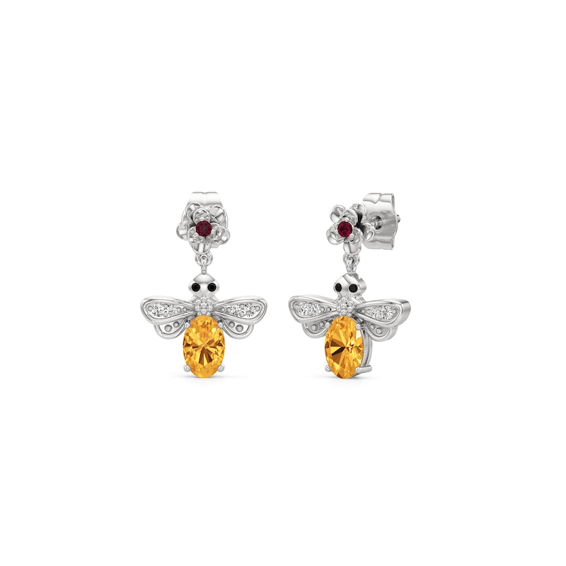 Main Image 1 of Citrine, Black Spinel, Lab-Created Ruby and White Lab-Created Sapphire Flower and Bee Drop Earrings in Sterling Silver