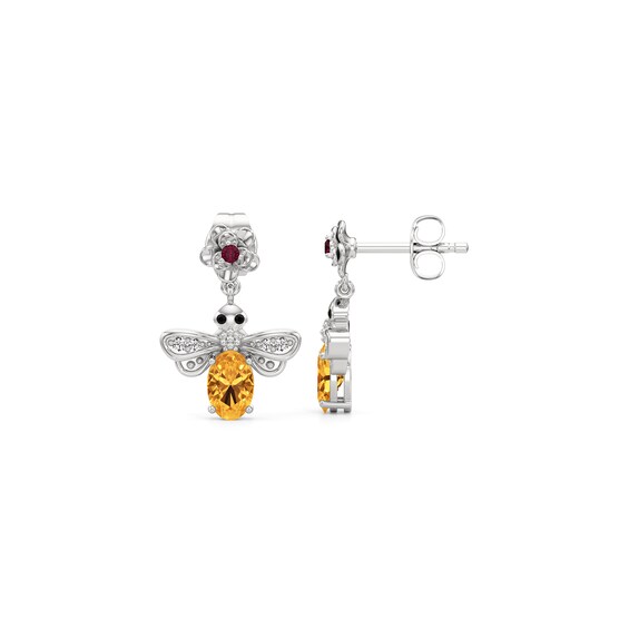 Citrine, Black Spinel, Lab-Created Ruby and White Lab-Created Sapphire Flower and Bee Drop Earrings in Sterling Silver