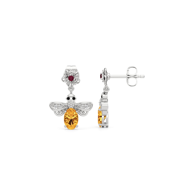 Main Image 2 of Citrine, Black Spinel, Lab-Created Ruby and White Lab-Created Sapphire Flower and Bee Drop Earrings in Sterling Silver