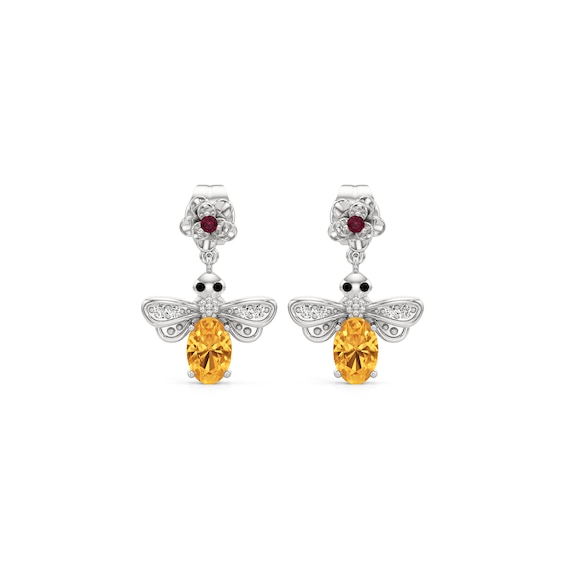 Citrine, Black Spinel, Lab-Created Ruby and White Lab-Created Sapphire Flower and Bee Drop Earrings in Sterling Silver