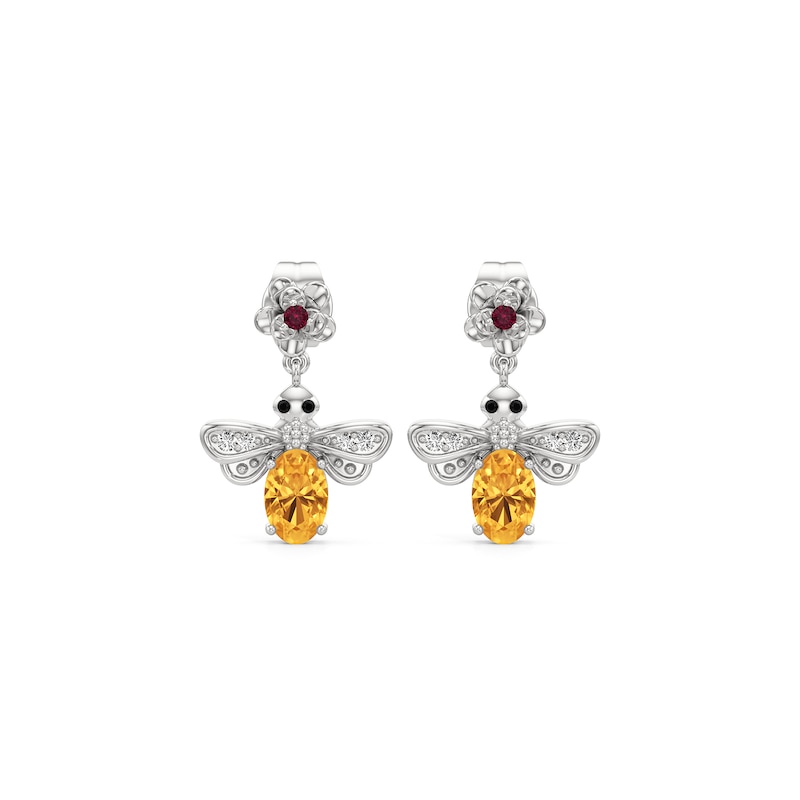 Main Image 3 of Citrine, Black Spinel, Lab-Created Ruby and White Lab-Created Sapphire Flower and Bee Drop Earrings in Sterling Silver