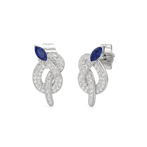 Marquise-Cut Blue and White Lab-Created Sapphire Snake Stud Earrings in Sterling Silver