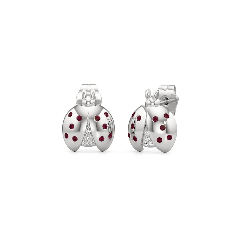Main Image 1 of Lab-Created Ruby and White Lab-Created Sapphire Ladybug Stud Earrings in Sterling Silver