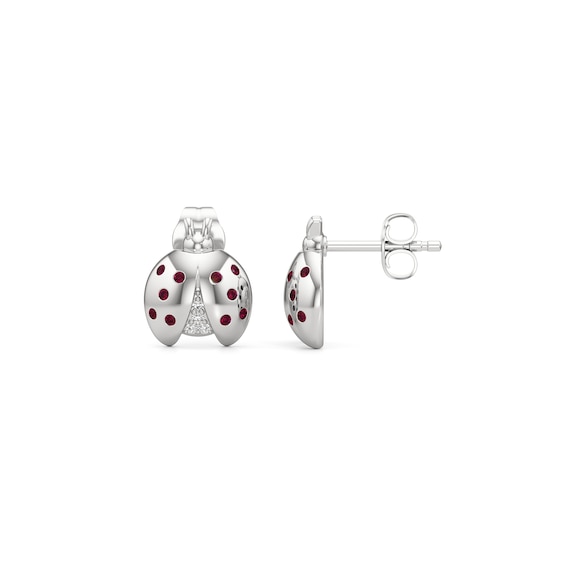 Lab-Created Ruby and White Lab-Created Sapphire Ladybug Stud Earrings in Sterling Silver