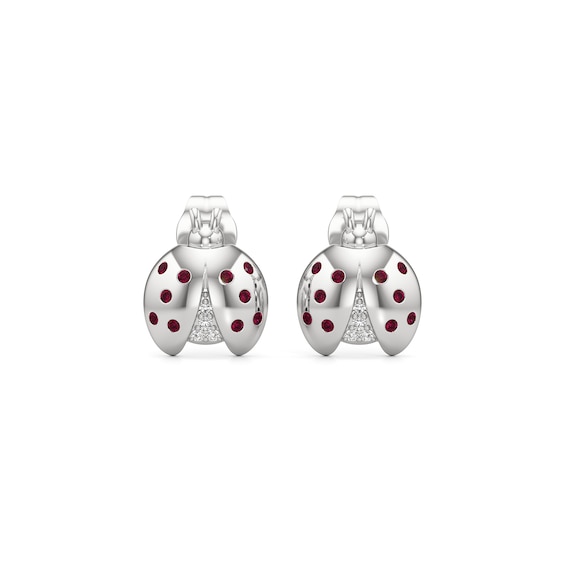Lab-Created Ruby and White Lab-Created Sapphire Ladybug Stud Earrings in Sterling Silver