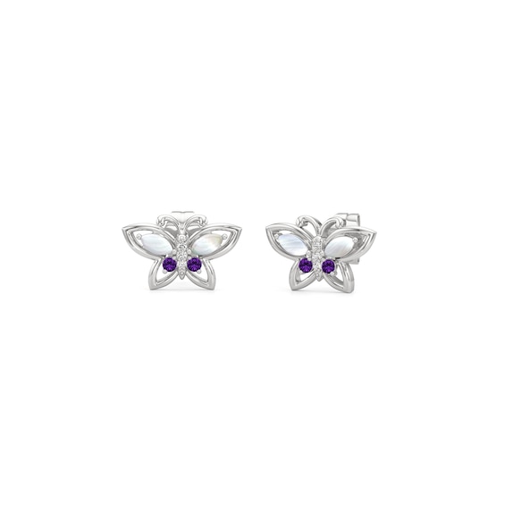 Marquise-Cut Mother-of-Pearl, Amethyst and White Lab-Created Sapphire Butterfly Stud Earrings in Sterling Silver