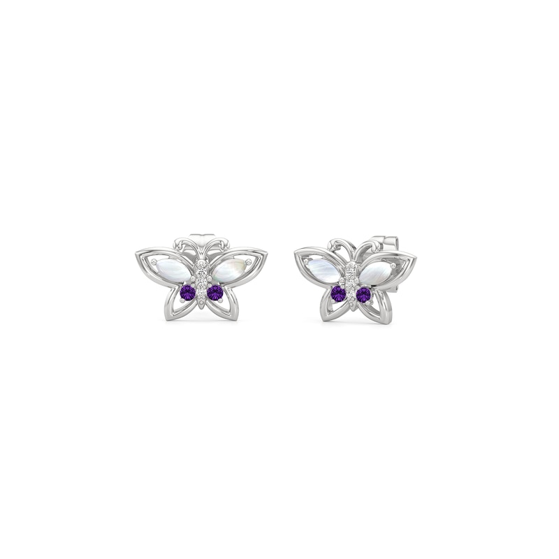 Main Image 1 of Marquise-Cut Mother-of-Pearl, Amethyst and White Lab-Created Sapphire Butterfly Stud Earrings in Sterling Silver