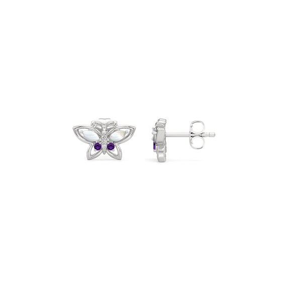 Marquise-Cut Mother-of-Pearl, Amethyst and White Lab-Created Sapphire Butterfly Stud Earrings in Sterling Silver