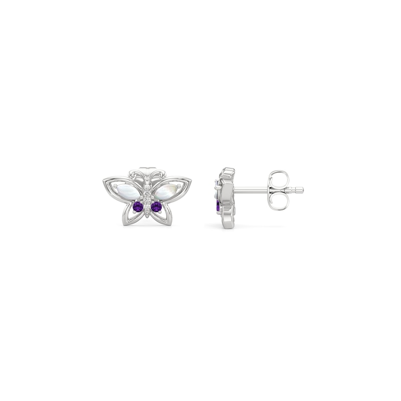 Main Image 2 of Marquise-Cut Mother-of-Pearl, Amethyst and White Lab-Created Sapphire Butterfly Stud Earrings in Sterling Silver