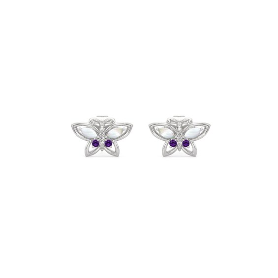 Marquise-Cut Mother-of-Pearl, Amethyst and White Lab-Created Sapphire Butterfly Stud Earrings in Sterling Silver