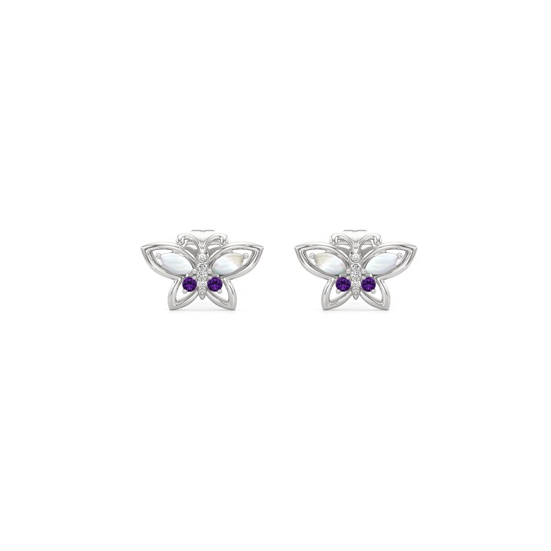 Main Image 3 of Marquise-Cut Mother-of-Pearl, Amethyst and White Lab-Created Sapphire Butterfly Stud Earrings in Sterling Silver