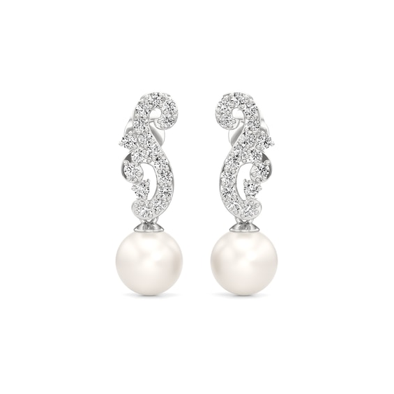 8.0mm Freshwater Cultured Pearl and White Lab-Created Sapphire Filigree Drop Earrings in Sterling Silver