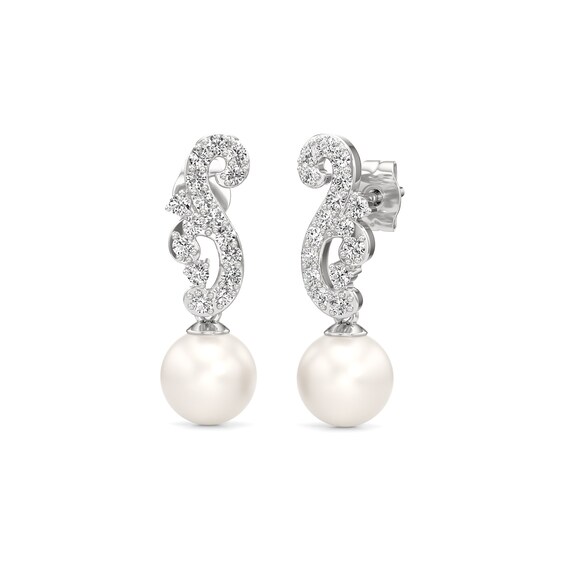 8.0mm Freshwater Cultured Pearl and White Lab-Created Sapphire Filigree Drop Earrings in Sterling Silver