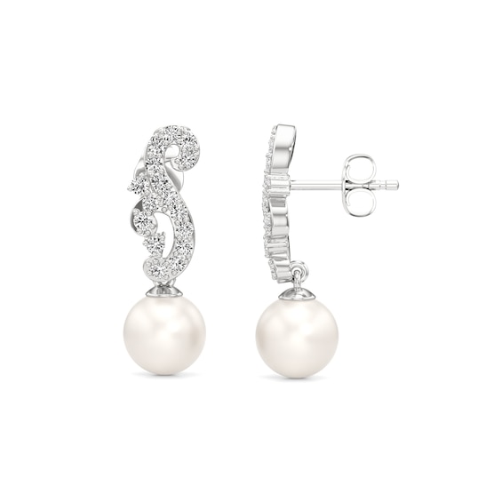 8.0mm Freshwater Cultured Pearl and White Lab-Created Sapphire Filigree Drop Earrings in Sterling Silver