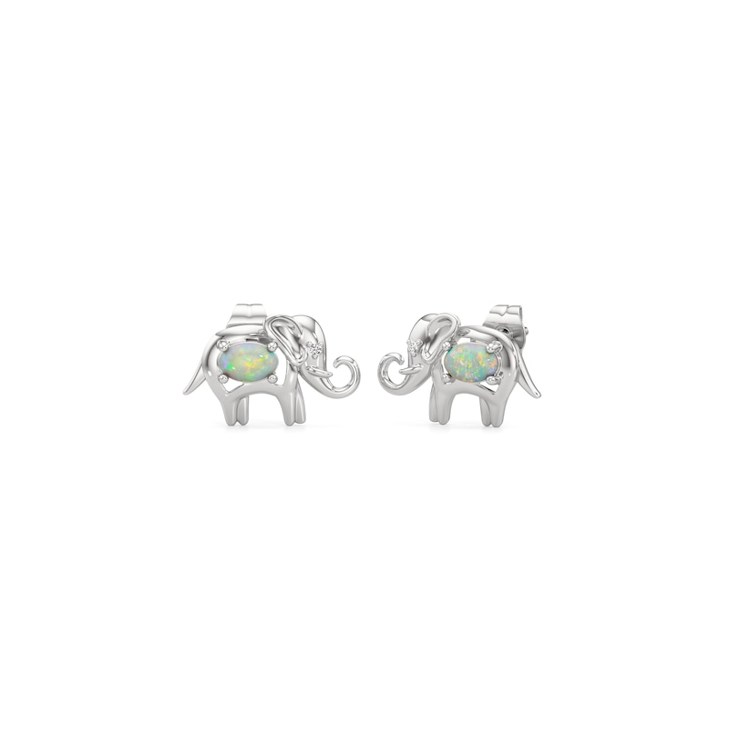 Main Image 1 of Oval Lab-Created Opal and White Lab-Created Sapphire Elephant Stud Earrings in Sterling Silver