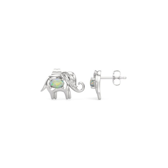 Oval Lab-Created Opal and White Lab-Created Sapphire Elephant Stud Earrings in Sterling Silver