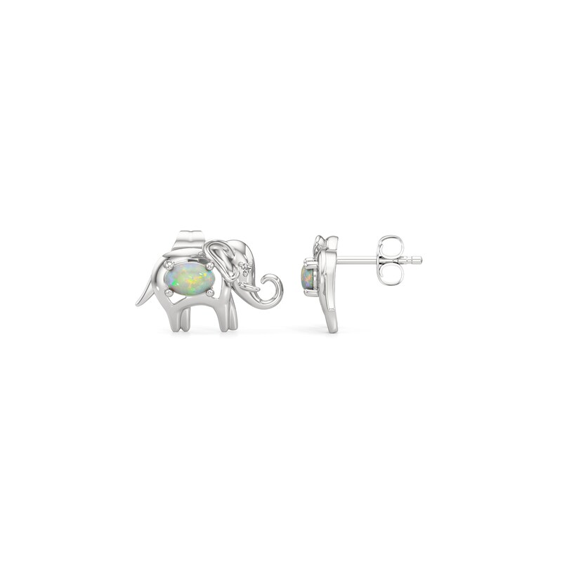 Main Image 2 of Oval Lab-Created Opal and White Lab-Created Sapphire Elephant Stud Earrings in Sterling Silver