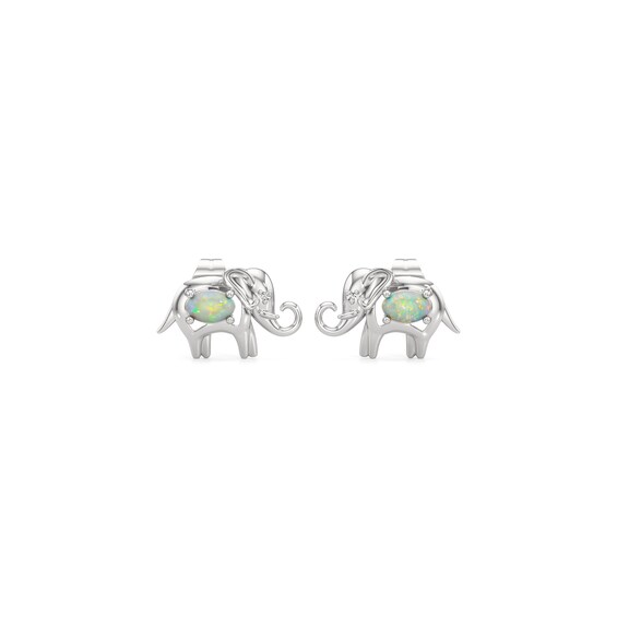 Oval Lab-Created Opal and White Lab-Created Sapphire Elephant Stud Earrings in Sterling Silver