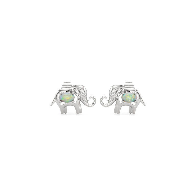 Main Image 3 of Oval Lab-Created Opal and White Lab-Created Sapphire Elephant Stud Earrings in Sterling Silver